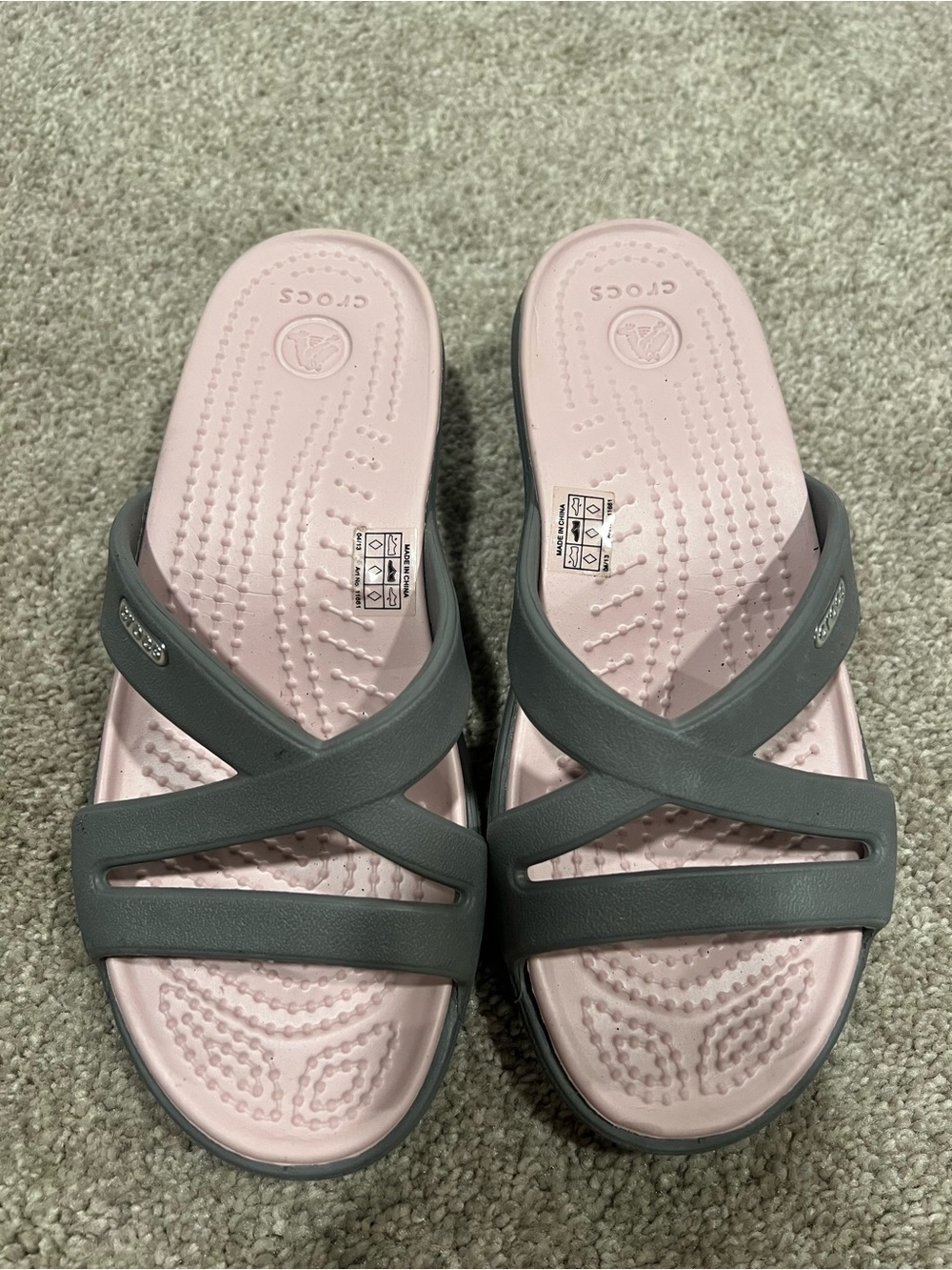 Crocs Patricia II Grey and Pink Strappy Wedge Sandals Size 4 NWOT